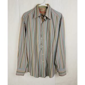 Robert Graham green pink striped button up shirt Size Large long sleeve Dopamine
